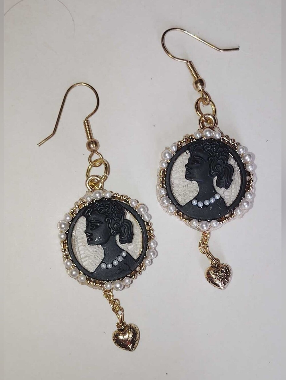 Vintage-Inspired Black Cameo White Lace & Pearl Drop Earrings Gold Dangle Heart